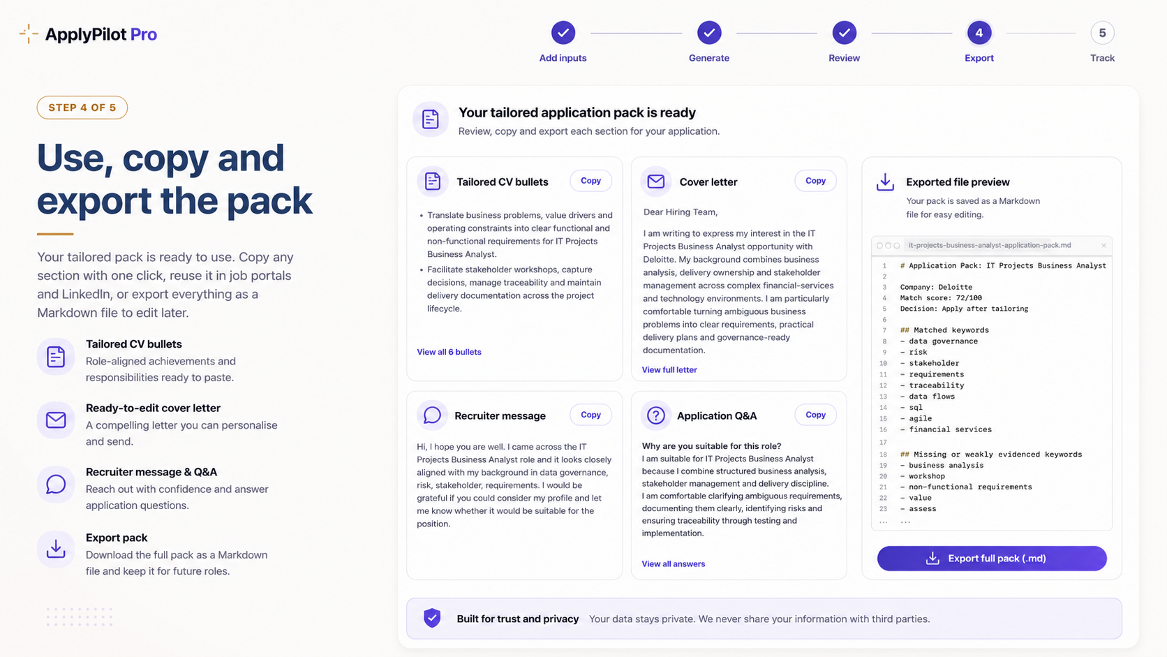 Download the tailored CV and export the pack