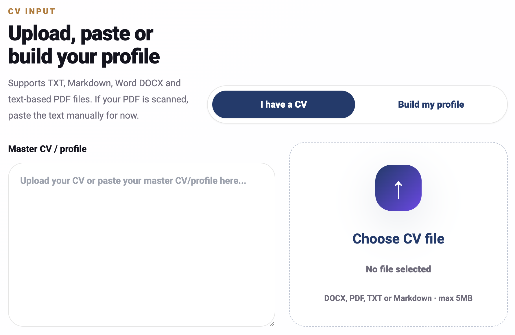 Build your profile if you do not have a CV ready