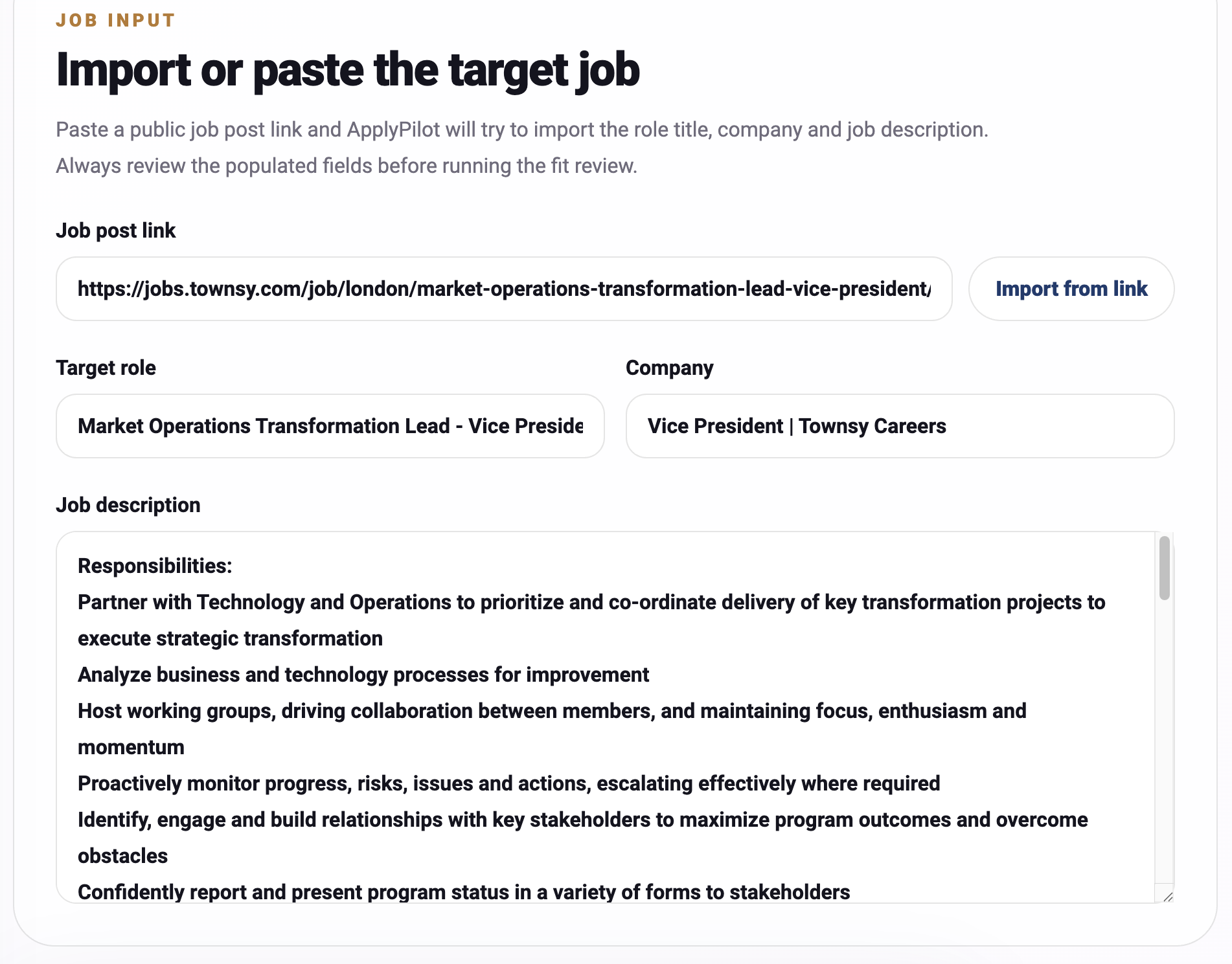 Import a job description from a job link