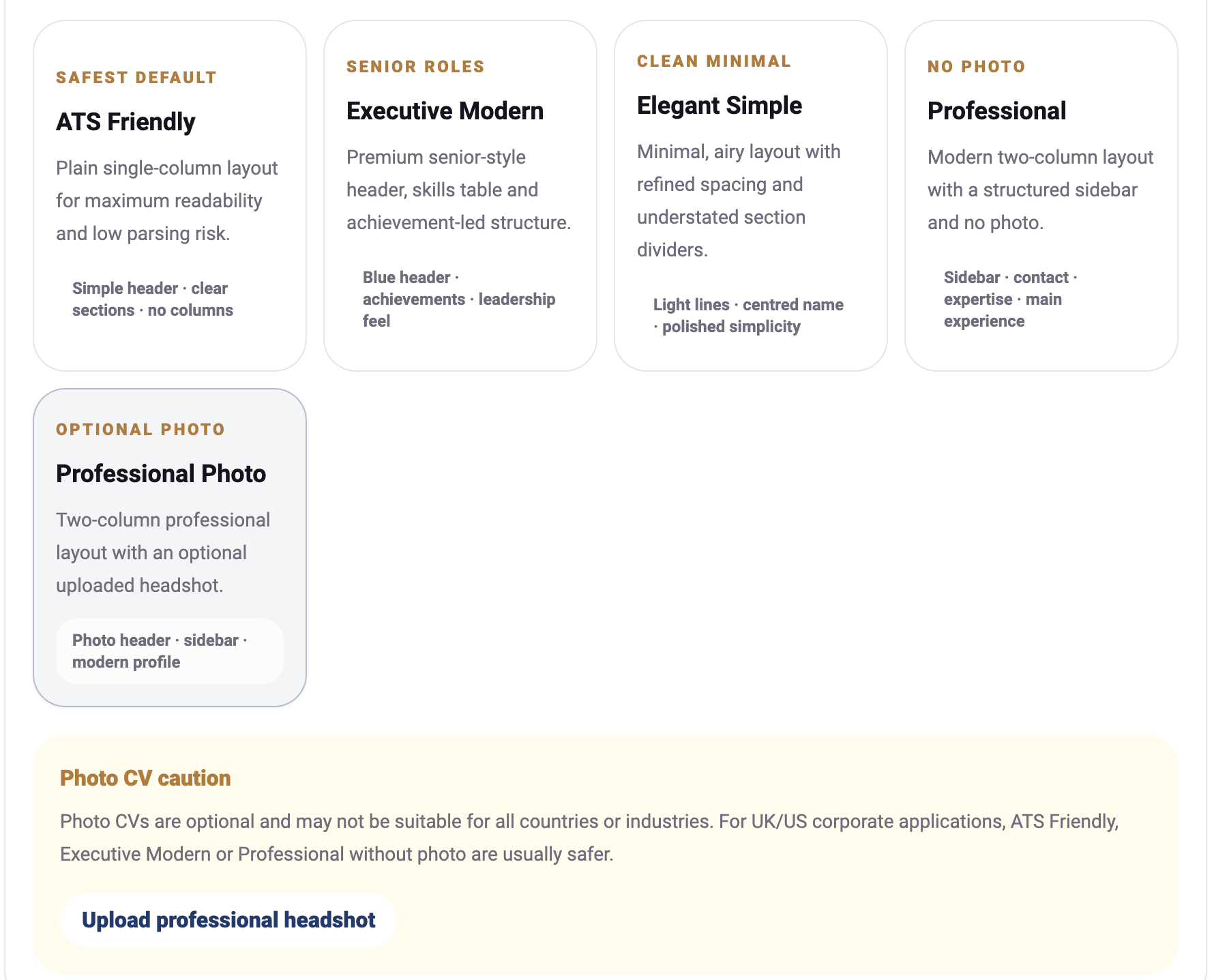 Choose a CV template before downloading